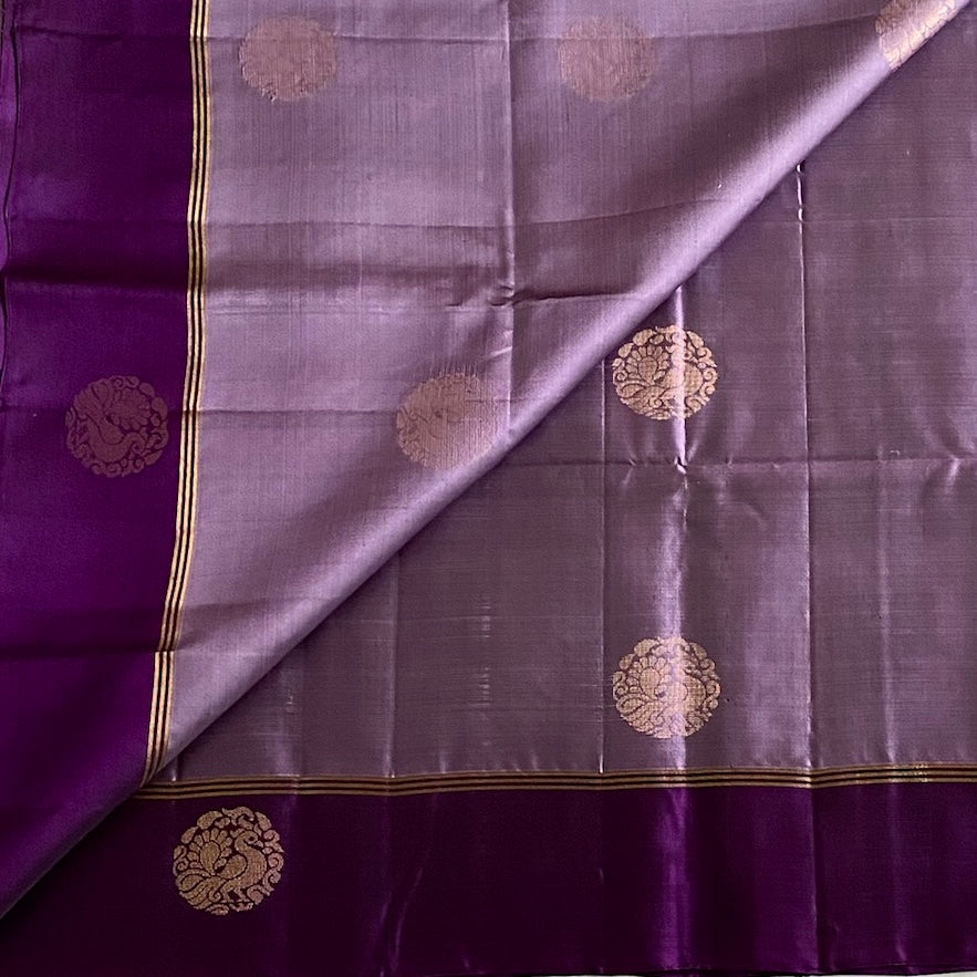 Metallic  Lavender Designer Pure Silk With Cadbury Purple And Gold Zari