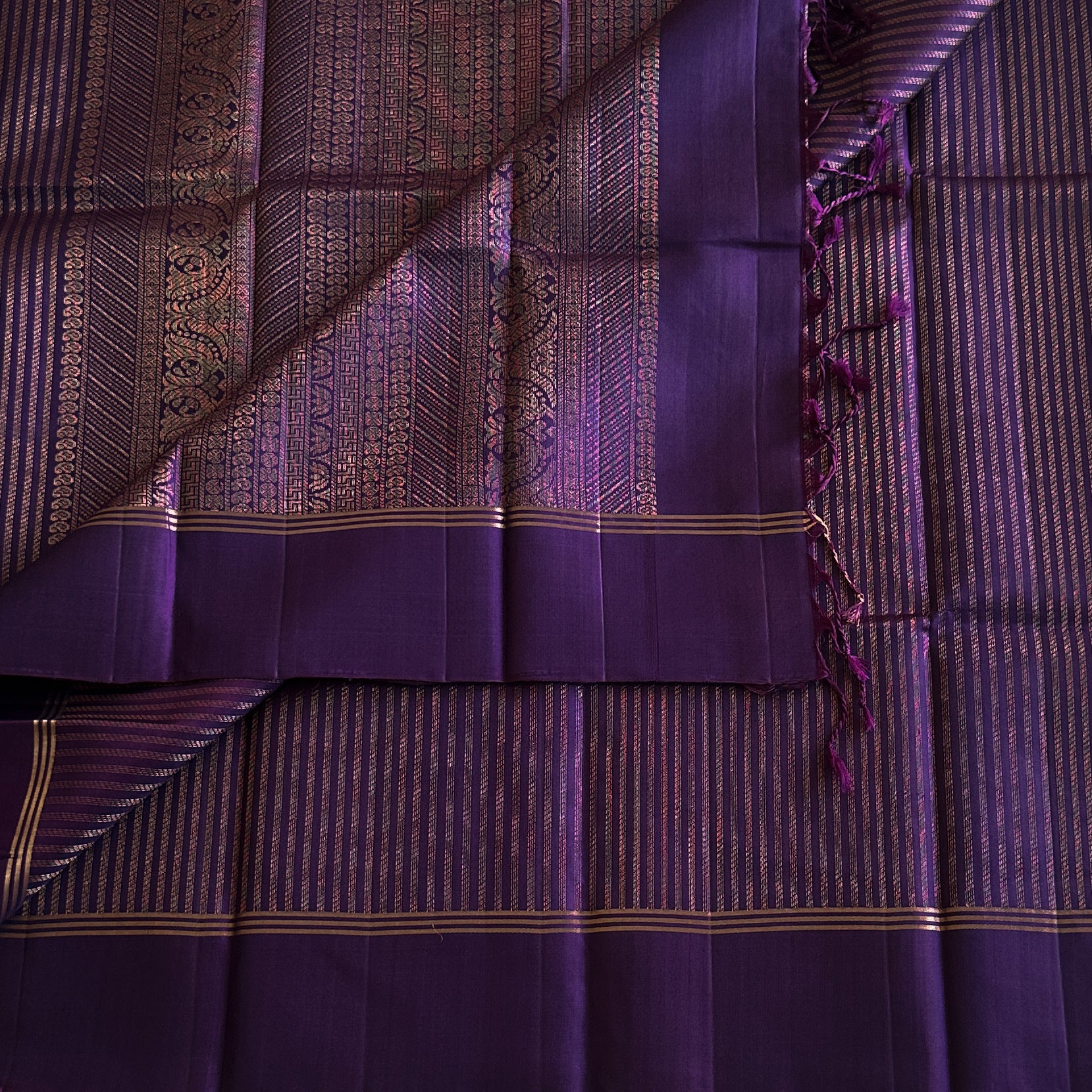 Royal Violet Saree Metallic Gold Woven Pallu Narrow Border Tassels