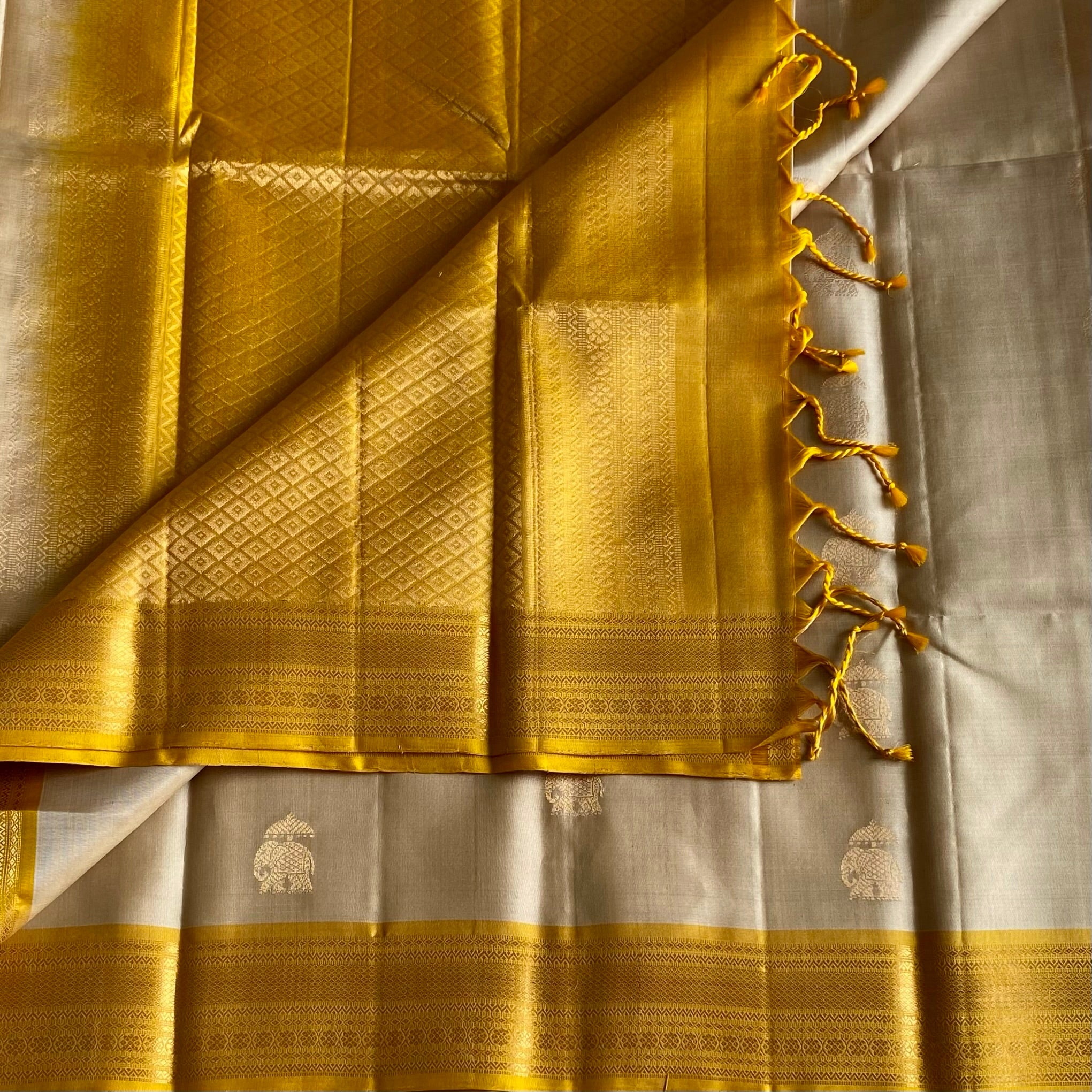 Champagne Beige Designer Pure Silk with Magical mango yellow Contrast
