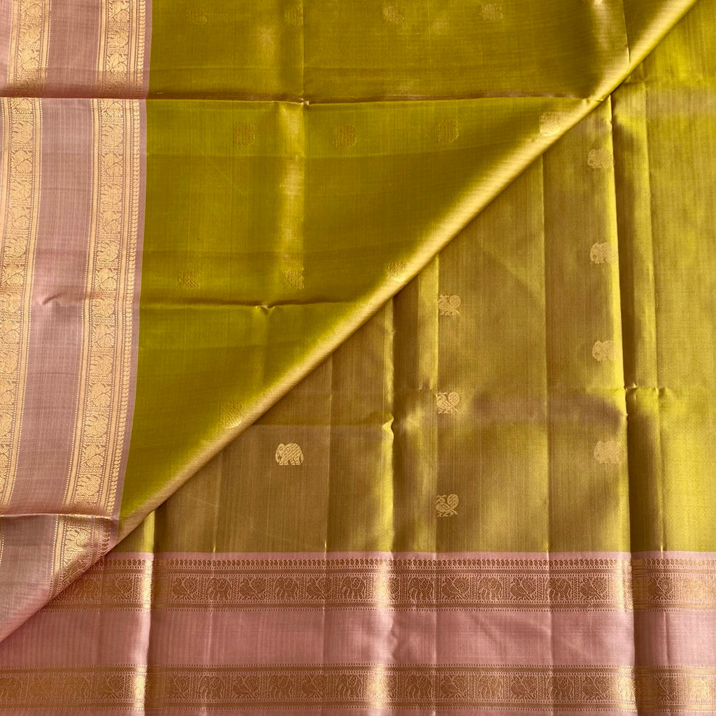 Soft Olive Gold with Dusty Rose Designer Pure Silk with Retta Pett Borders