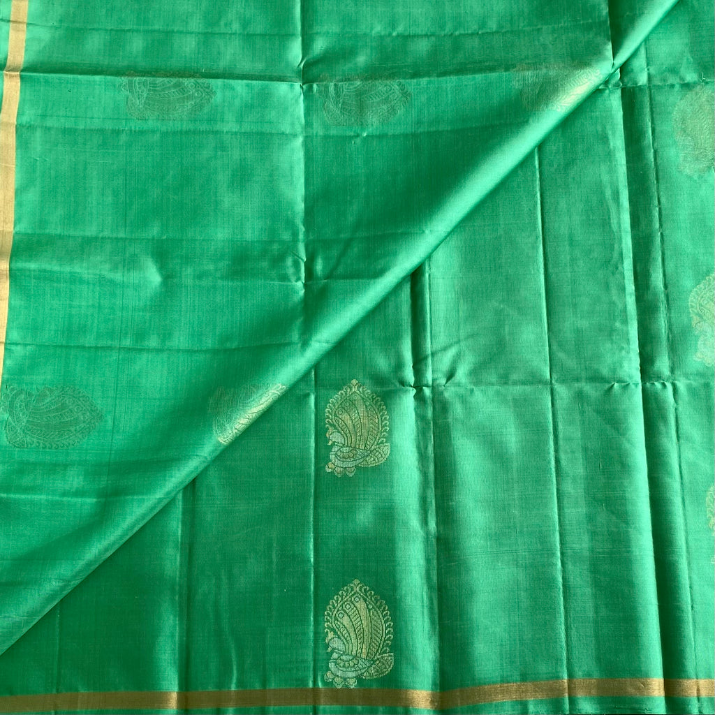 Sea Green Designer Pure Silk Saree With Vermilion Red Pallu