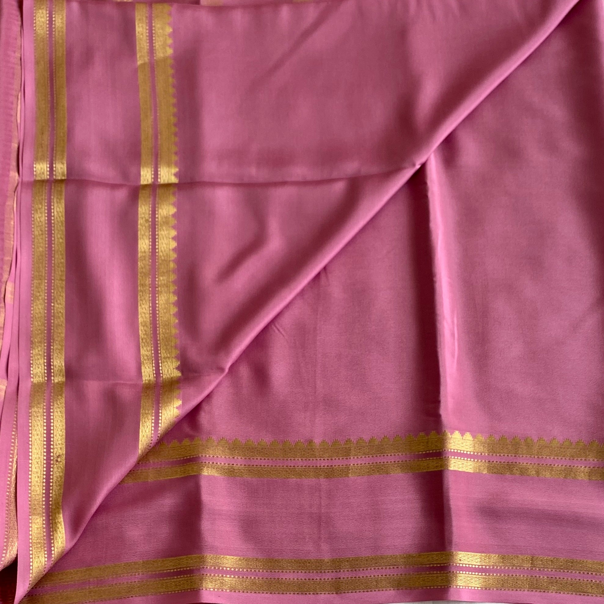 Rose Mysore Crepe Silk Saree With Antique Gold Zari Border