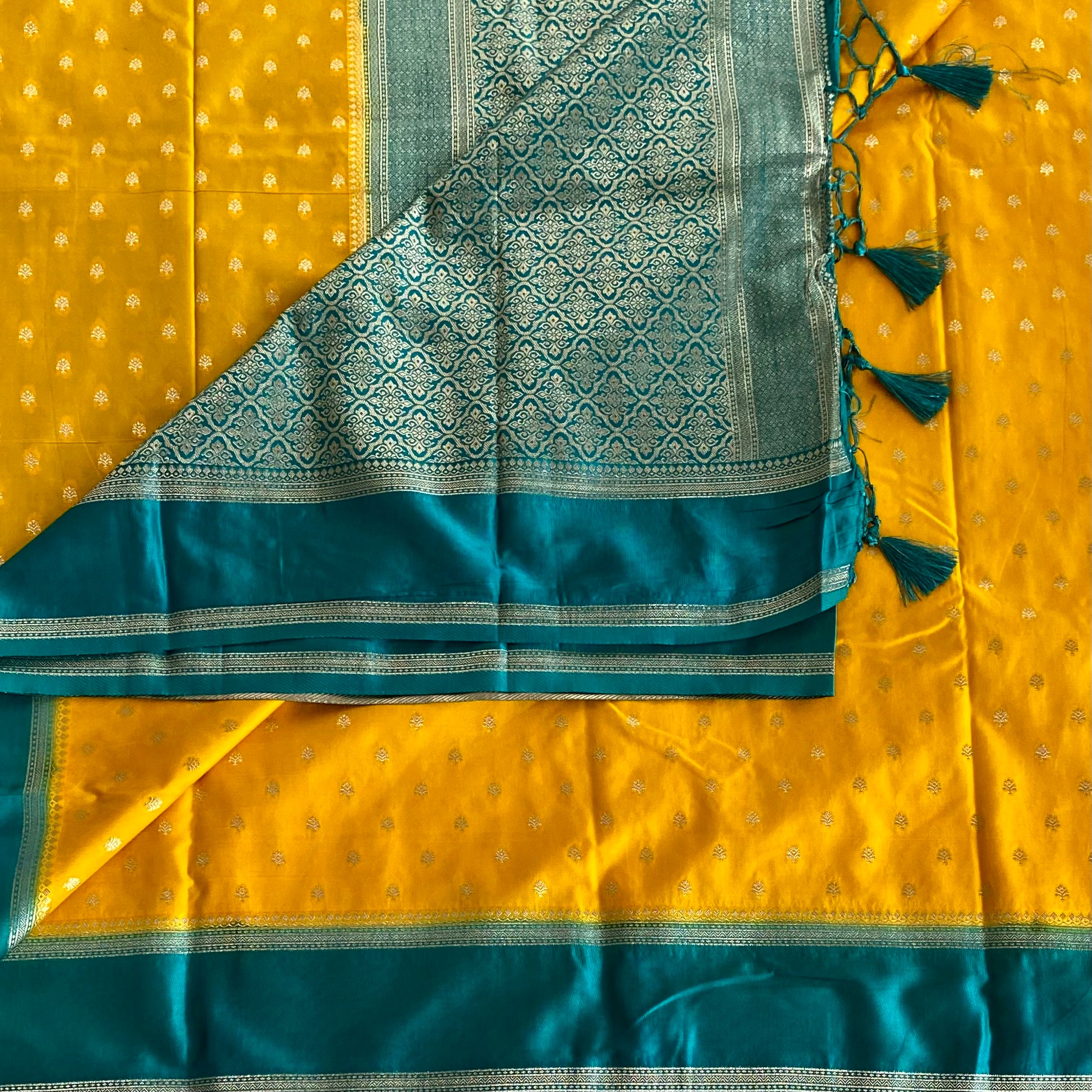 Mustard Yellow Teal Zari Buti Saree with Tassel Pallu Elegant