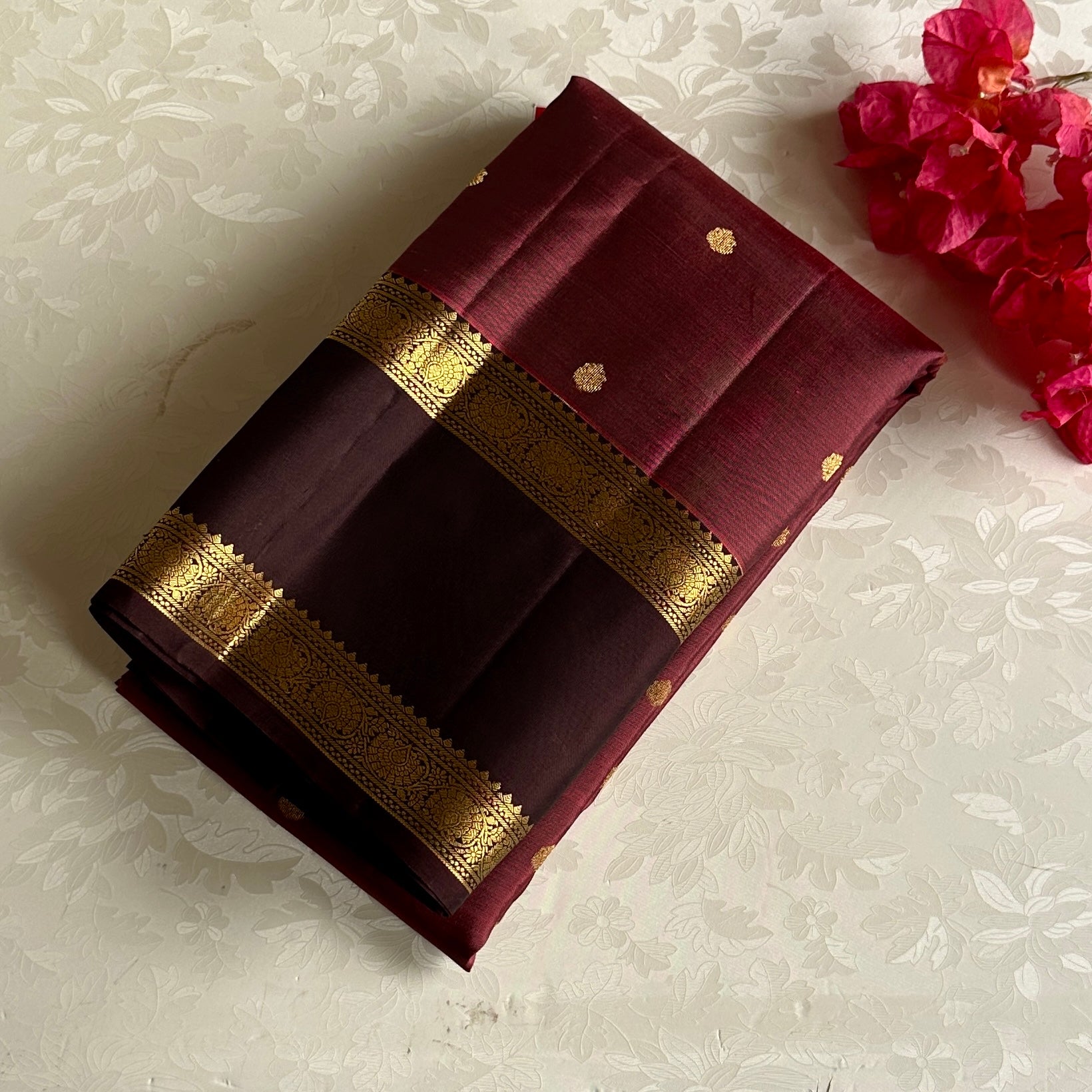 Metallic Mauve Designer Pure Silk Saree Espresso Wine Pallu Gold Zari Border