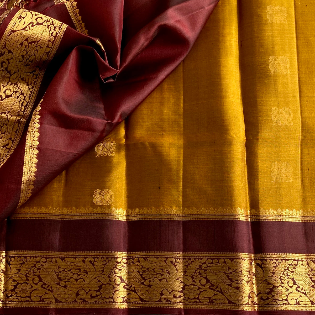Mustard Gold Designer Pure Silk Saree With Deep Wine Brown Pallu