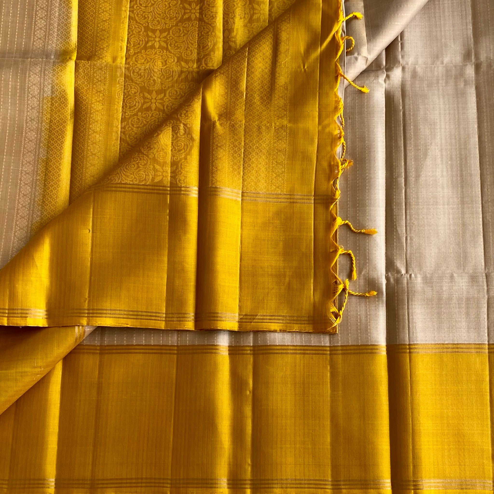 Champagne Beige With Mango Yellow Handloom Pure Silks