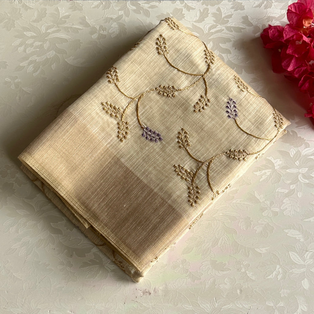 Light Beige Golden Vine Saree with Lavender Accents and Tassels