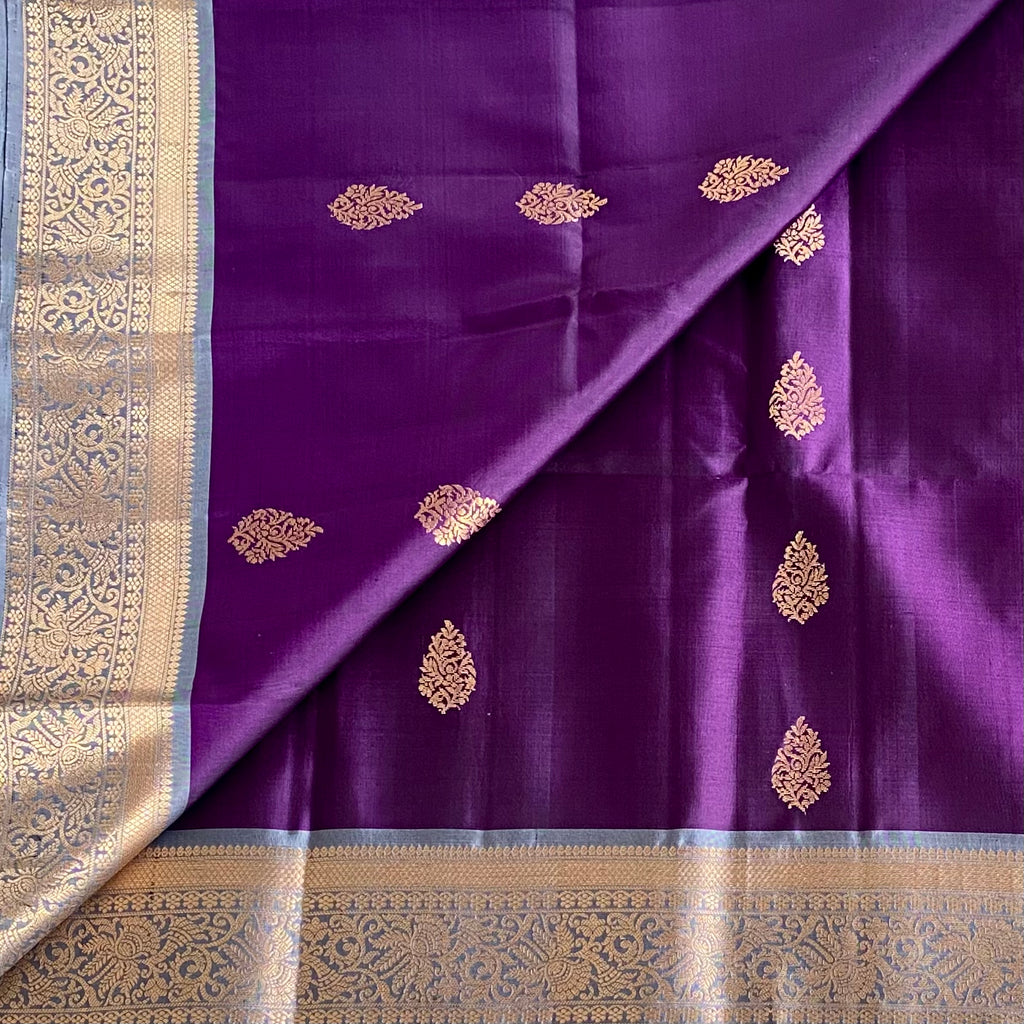 Deep Purple Designer Pure Silk Saree With Metallic Gold Pallu