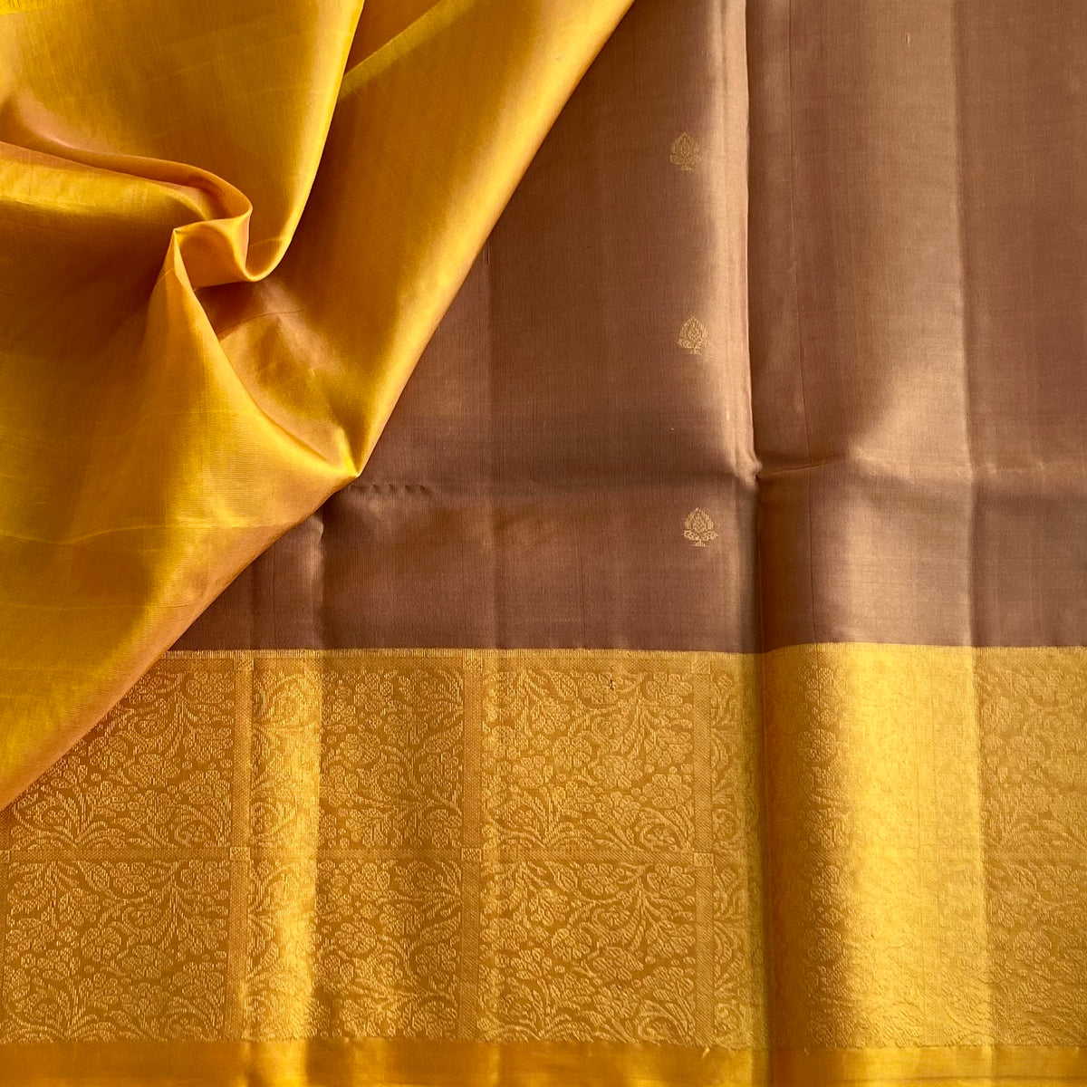 Copper Brown & Golden Yellow Designer Pure Silk Elegance