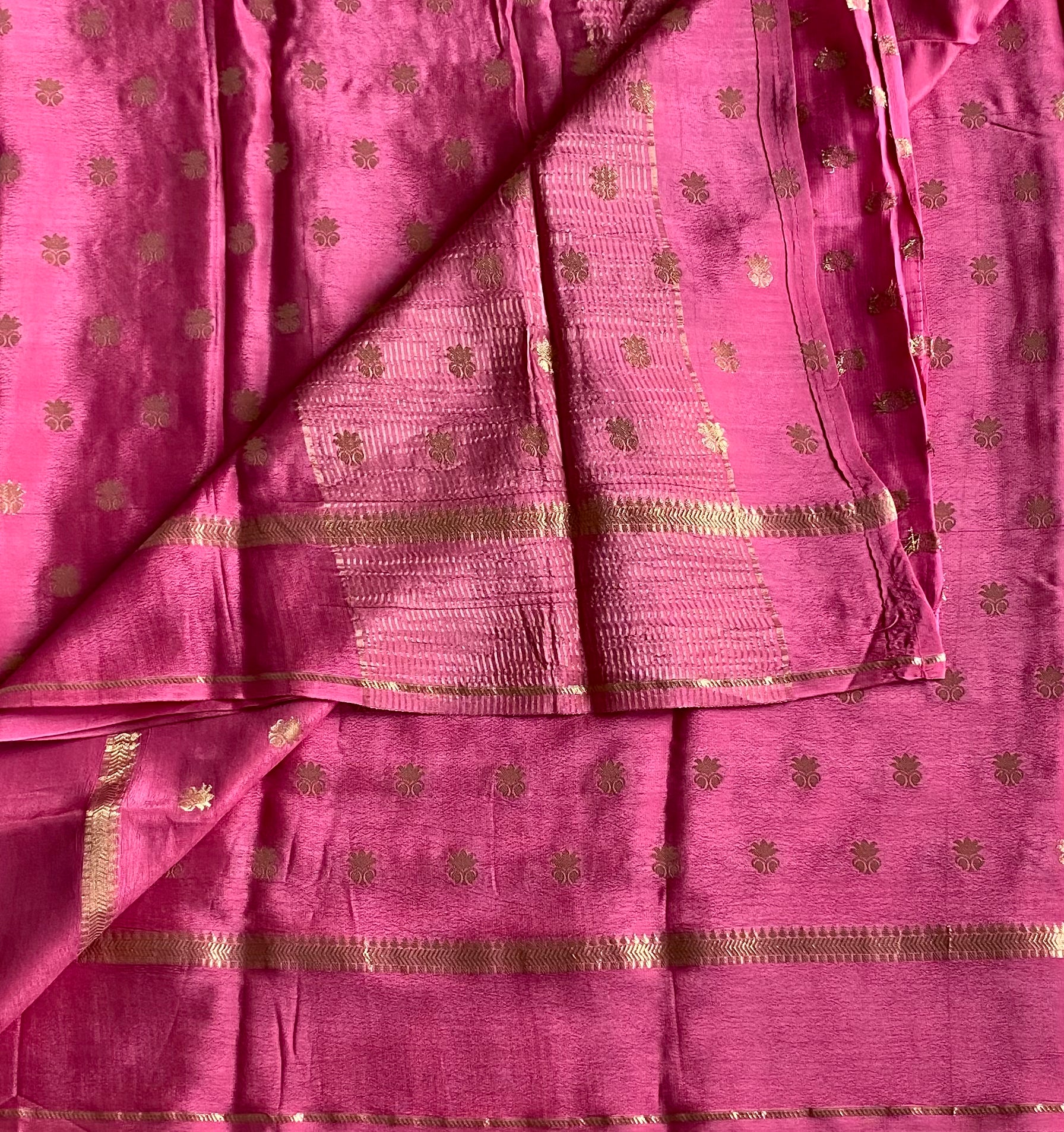 Fuchsia Gold Buti Saree with Striped Pallu and Woven Border