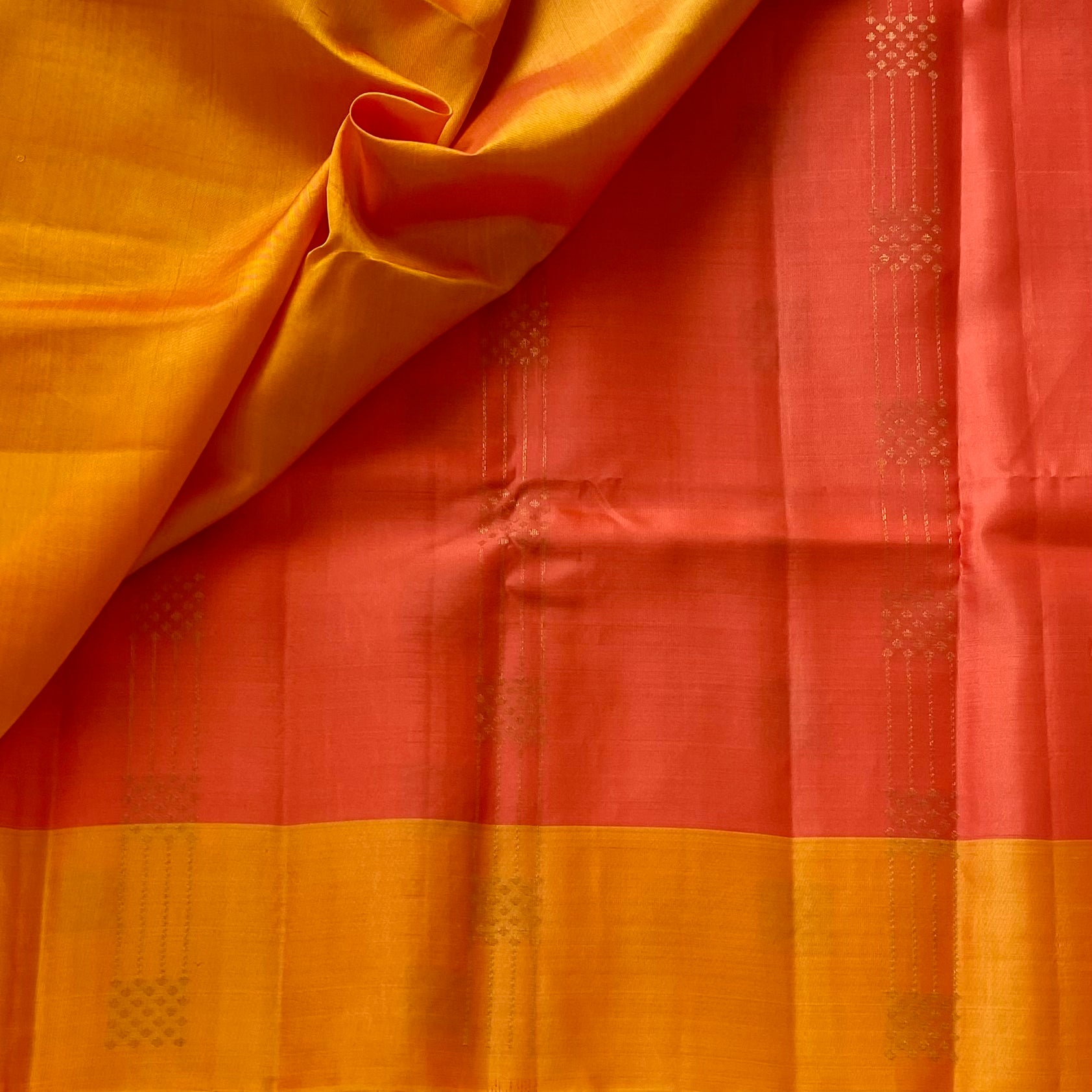 Coral Peach Designer Pure Silk with mustard Orange Lightweight Beauty