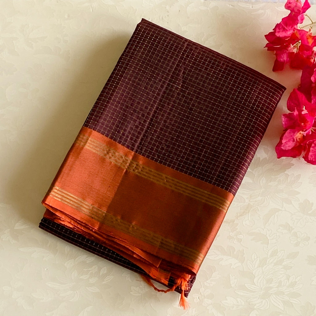 Plum Rust Orange Zari Border Saree Traditional Festive Woven