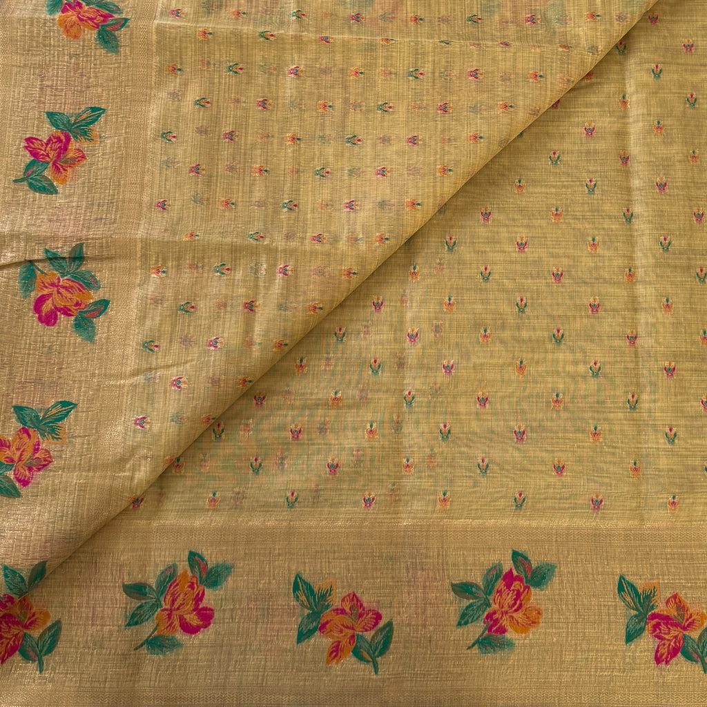 Beige Gold Floral Zari Saree Magenta Orange Flowers Tassel Pallu