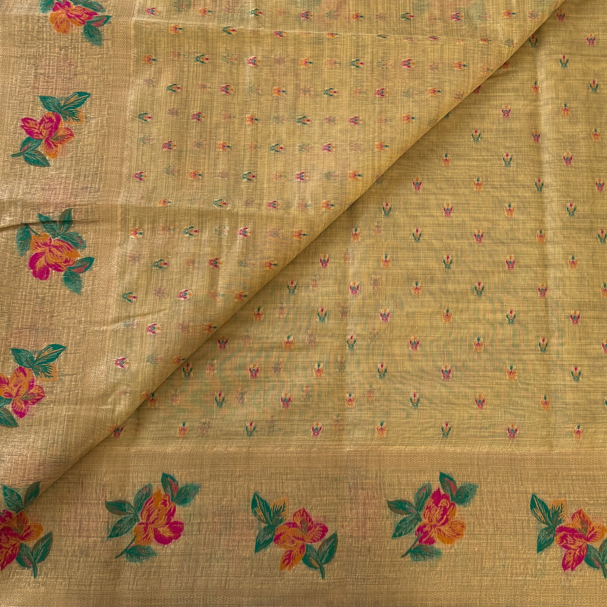 Beige Gold Floral Zari Saree Magenta Orange Flowers Tassel Pallu