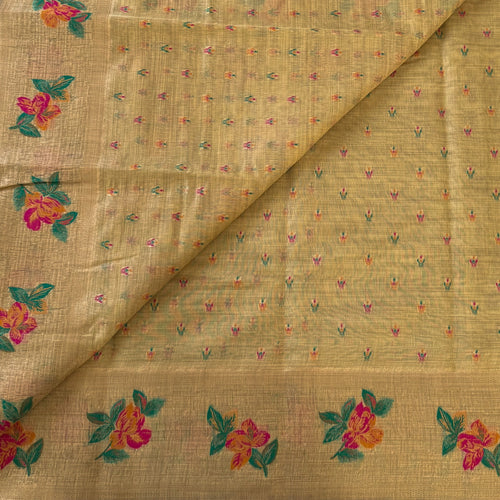Beige Gold Floral Zari Saree Magenta Orange Flowers Tassel Pallu
