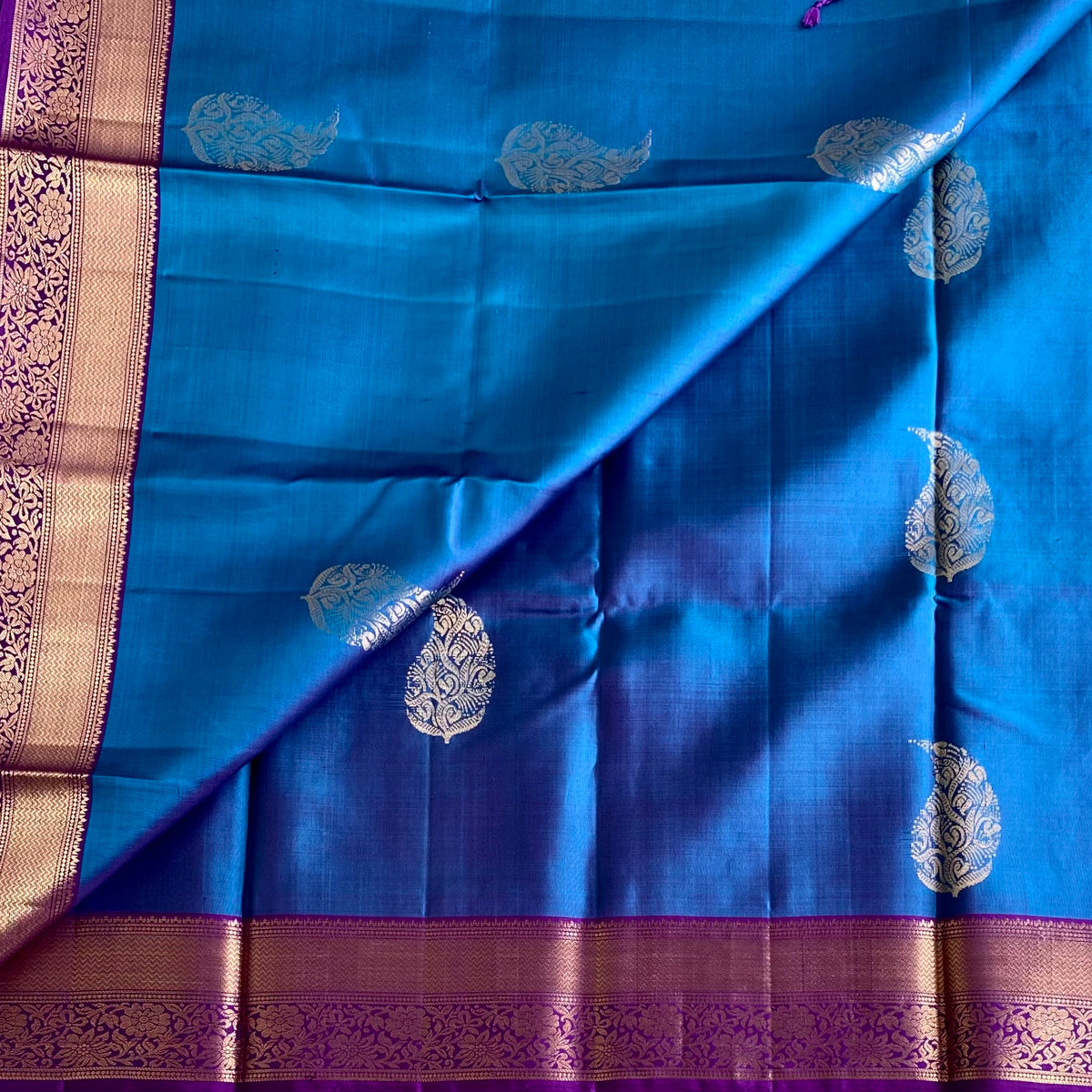 Dual Shaded Peacock Blue Designer Pure Silk Saree With Violet Purple Pallu