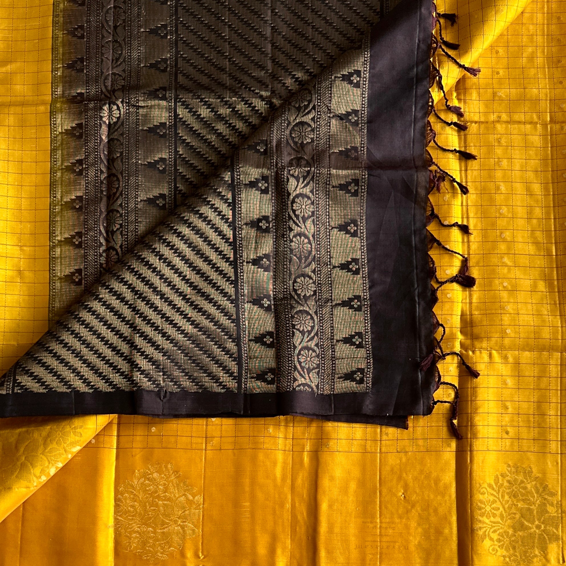 Mustard Silk Saree with Brown Zari Pallu Floral Medallion Design