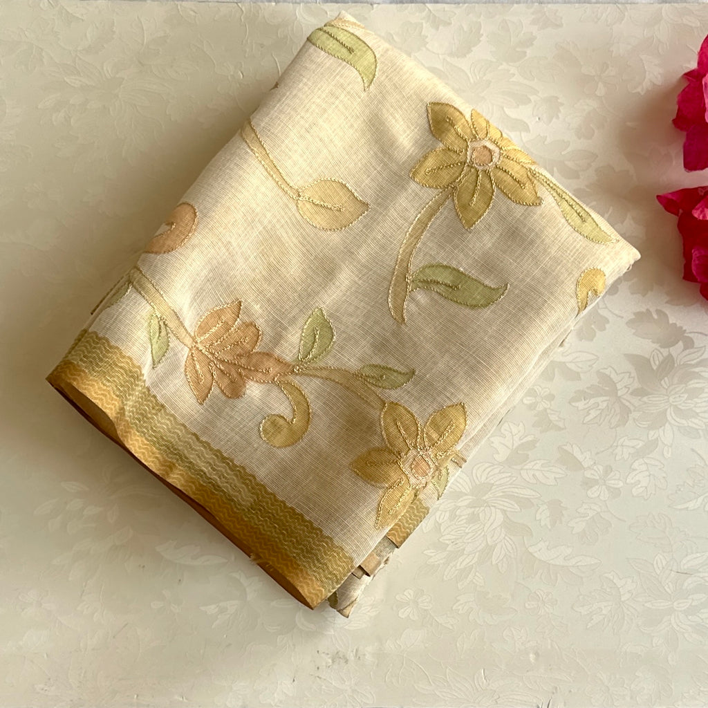 Cream Ecru Floral Embroidered Saree Pale Gold Border soft linen stunner