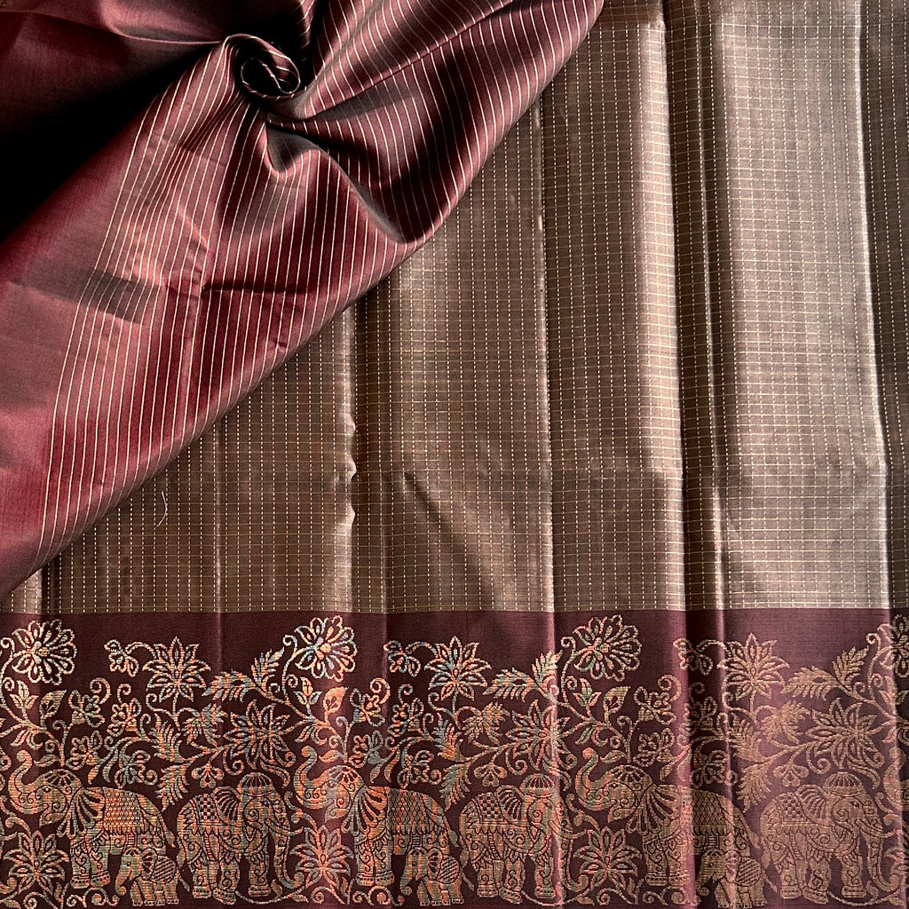 Burgundy Gold Woven Saree Elephant Border Traditional Festive Elegant Luxury