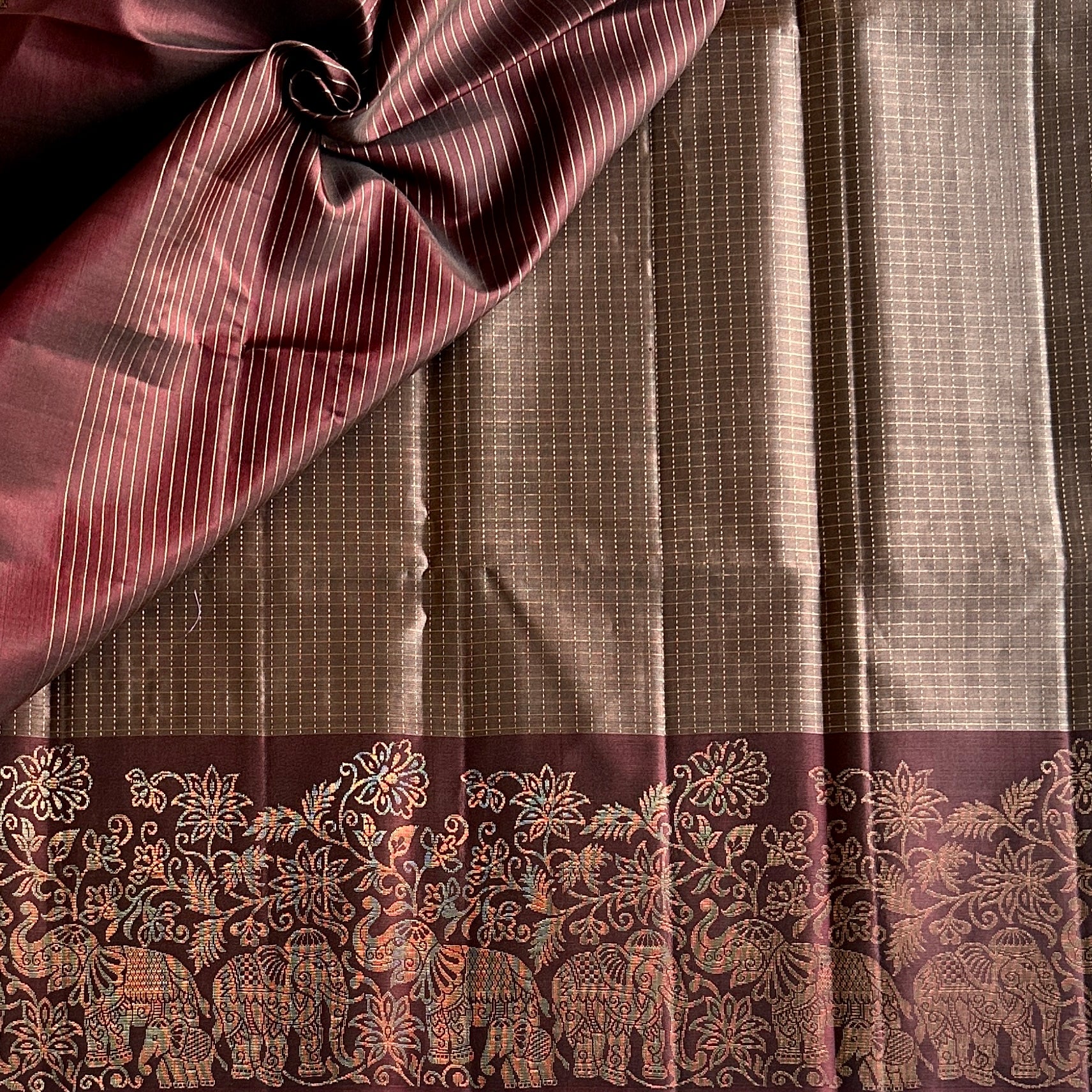 Burgundy Gold Woven Saree Elephant Border Traditional Festive Elegant Luxury