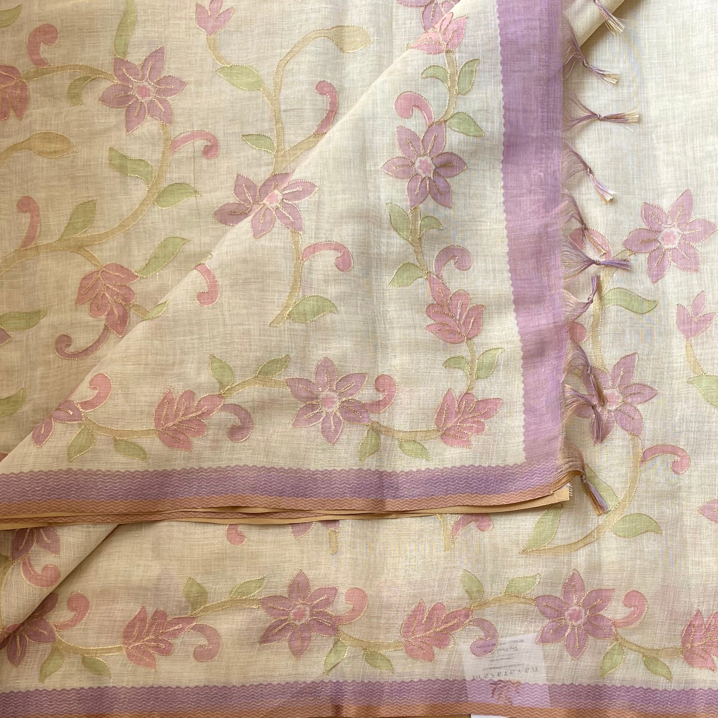 Beige Pastel Floral Embroidered Saree Gold Threadwork Lavender soft linen stunner