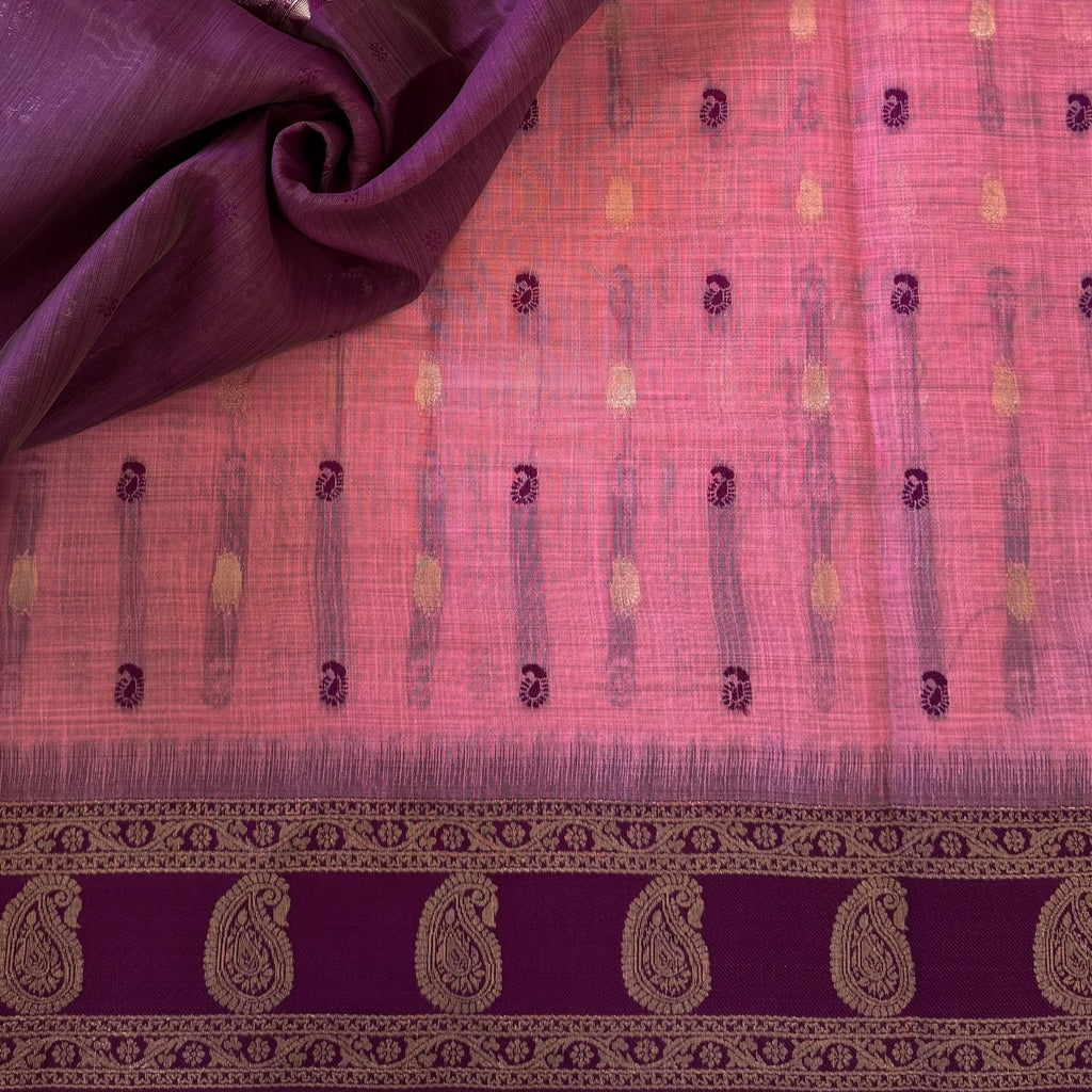 Plum Rose Pink Brocade Saree with Antique Gold Paisley Weave