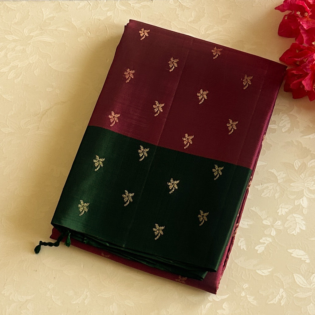 Magenta Silk Saree Forest Green Pallu Gold Brocade Banarasi Style