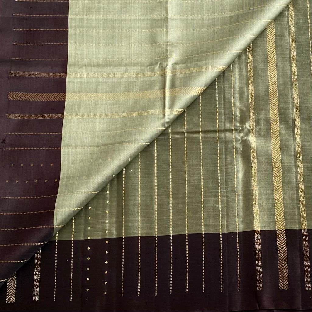 Sage Green Designer Pure Silk Saree With Chocolate Brown Pallu