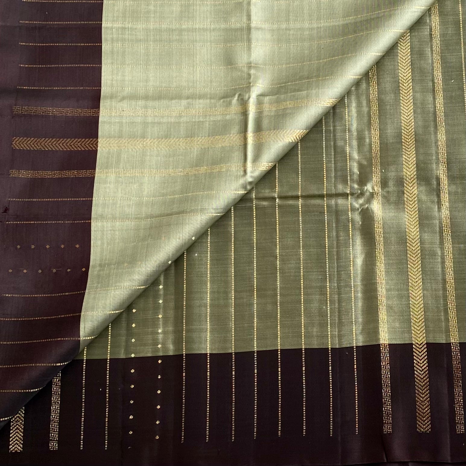 Sage Green Designer Pure Silk Saree With Chocolate Brown Pallu