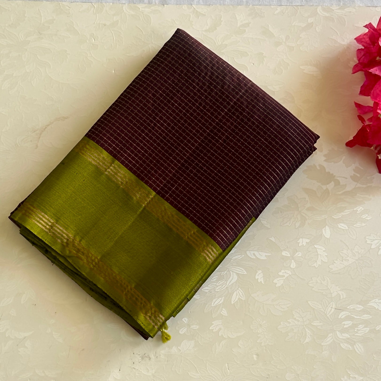 Royal Purple Chartreuse Silk Saree Gold Zari Floral Border Traditional