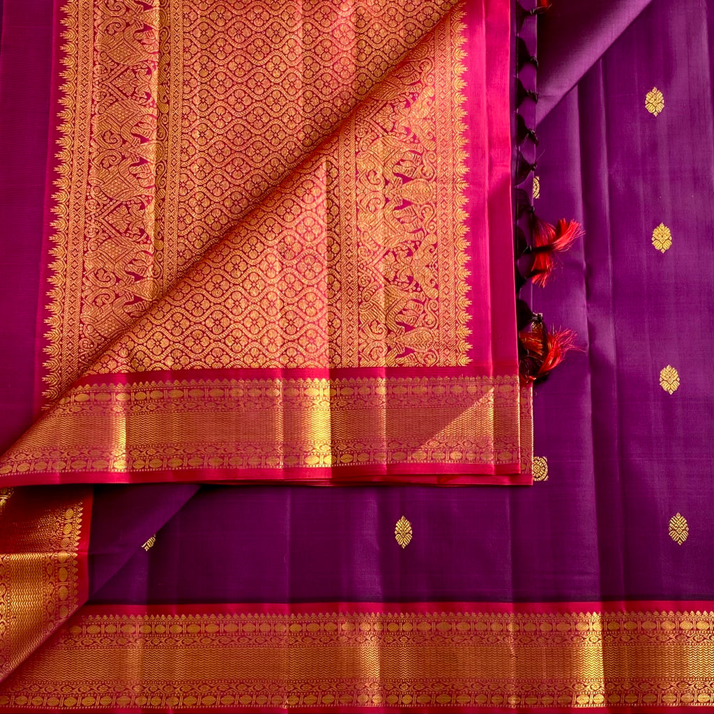 Royal Wine Purple Kanjeevaram Pure Zari Silk Saree With Rani Pink Pallu