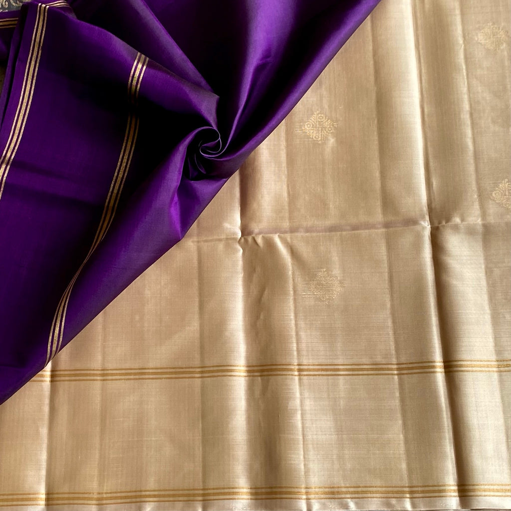 Champagne Beige Designer Pure Silk Saree With Royal Purple Pallu