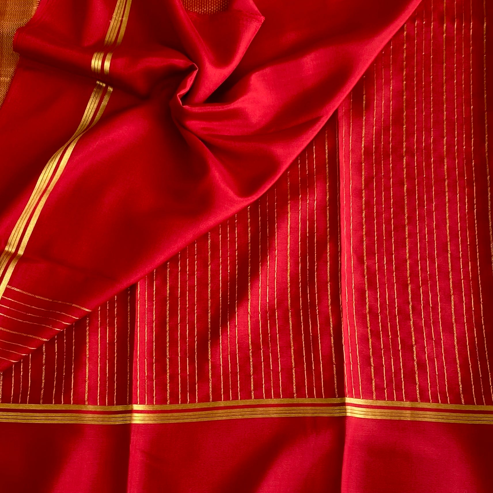 Crimson Red Mysore Crepe Silk Saree With Metallic Gold Stripes