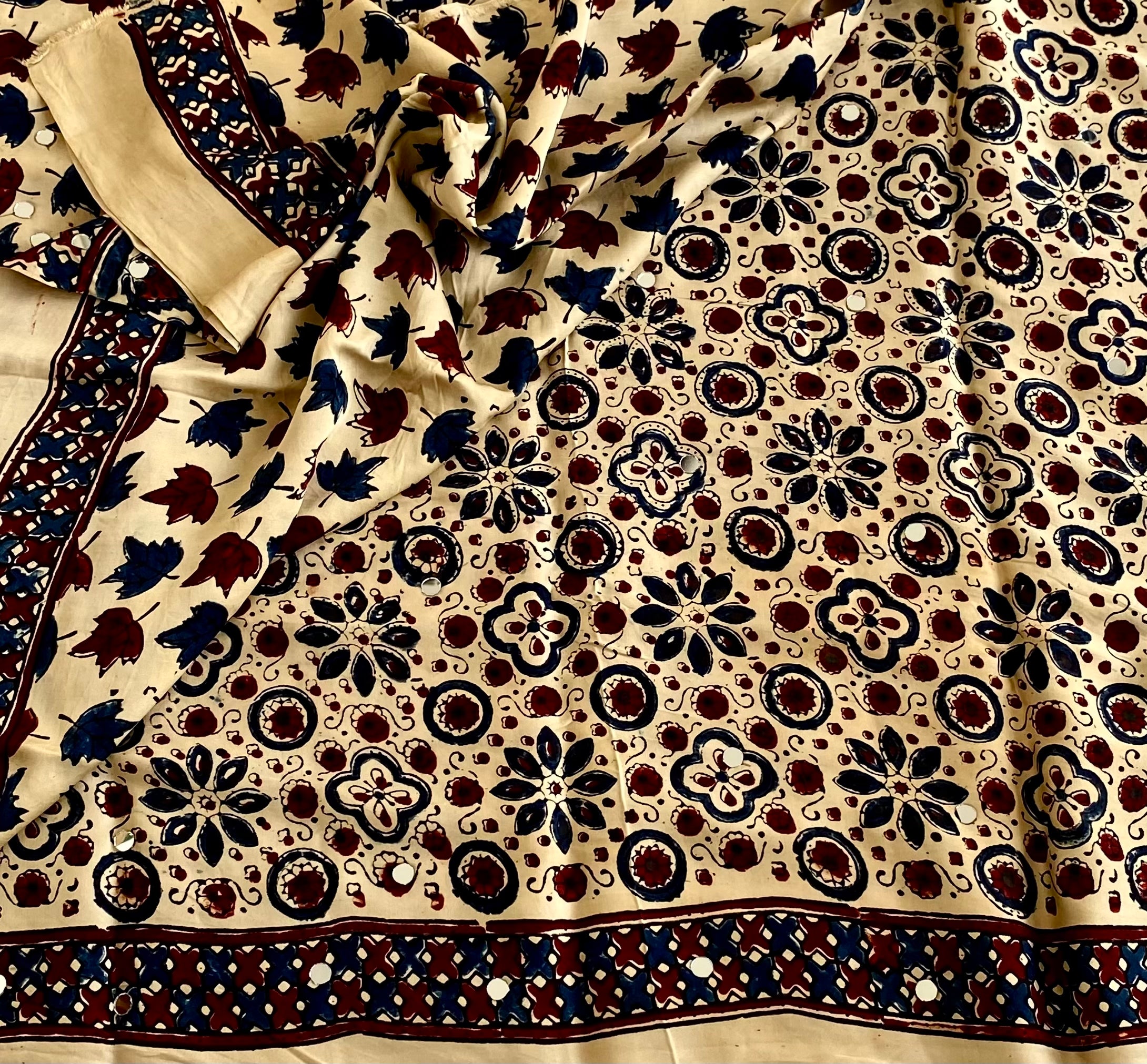Ajrakh Handblock Printed Handcrafted Mirror Work Silk Saree Buttery Beige With Deep Maroon Accents
