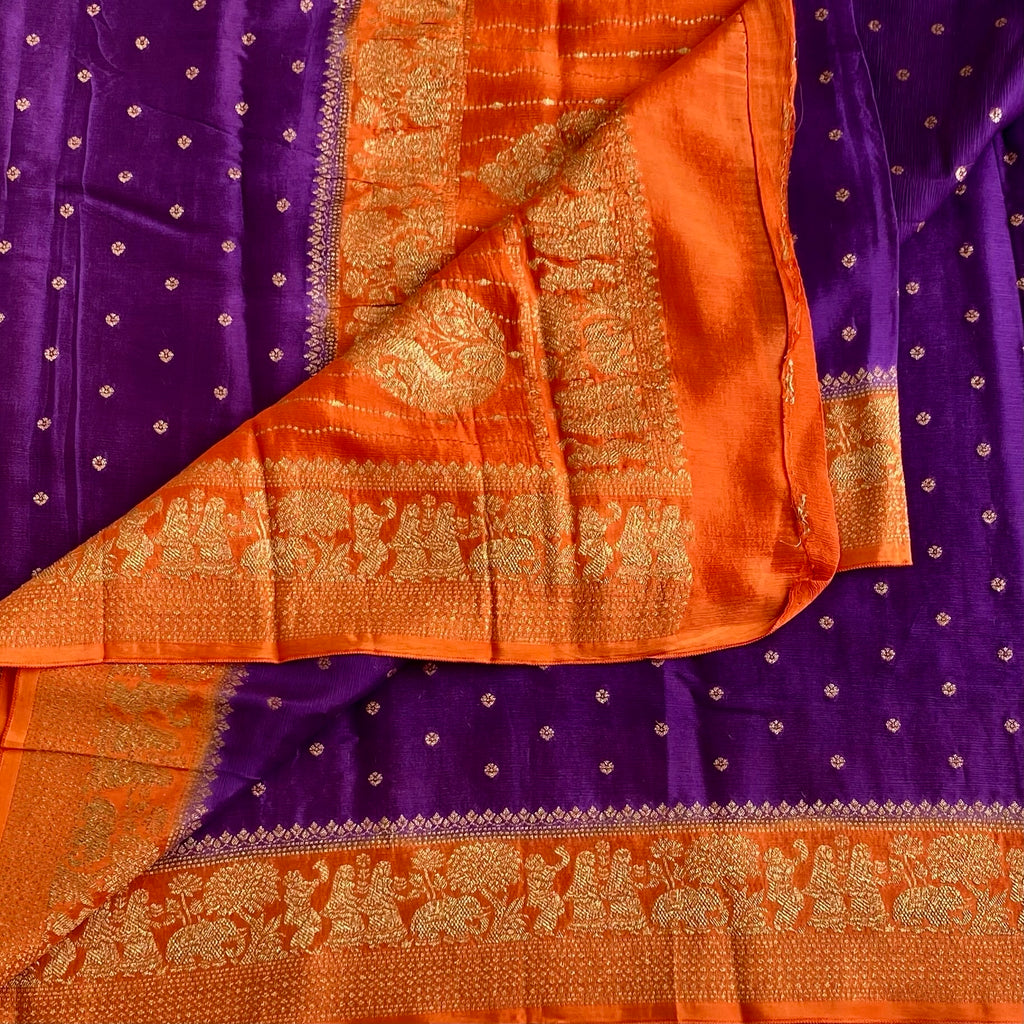 Royal Purple Soft Banarasi Crepe Saree With Tangerine Orange Pallu