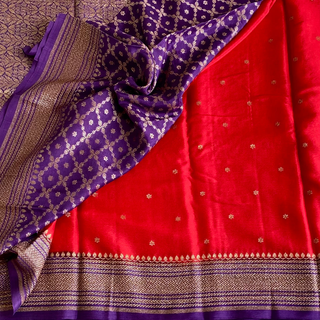 Stunner Scarlet Red Banarasi Crepe Silk Saree With Violet Purple Pallu
