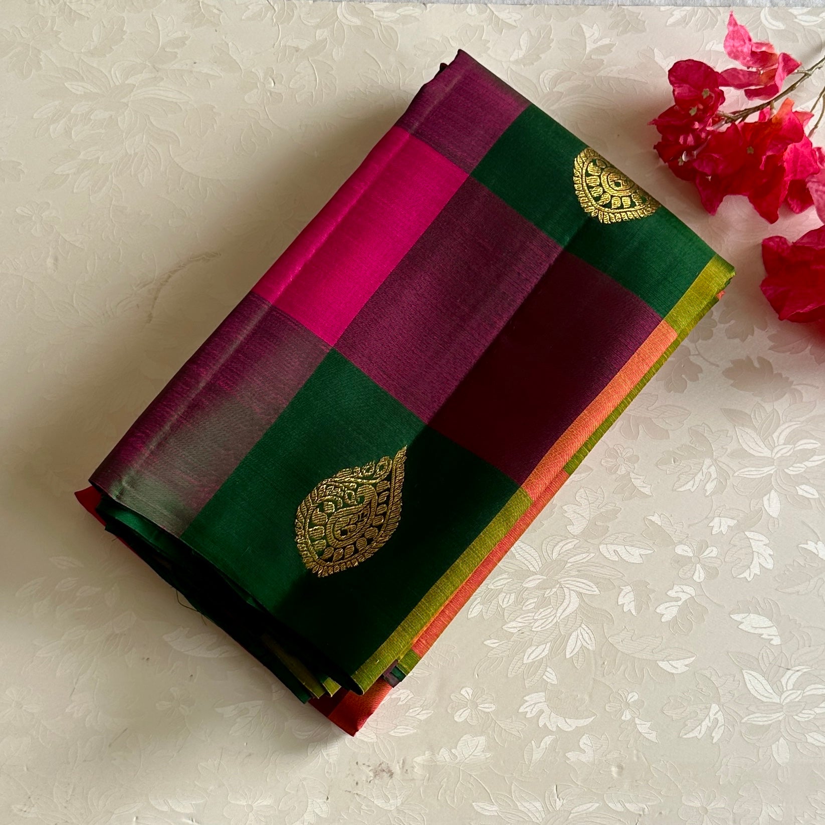 Emerald Checkered Kanjeevaram Pure Zari Silk Saree With Bottle Green Pallu