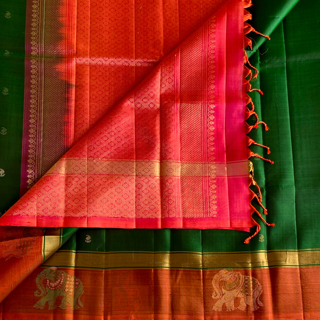 Bottle Green Designer Pure Silk With Kanakambari Pallu Elephant Border