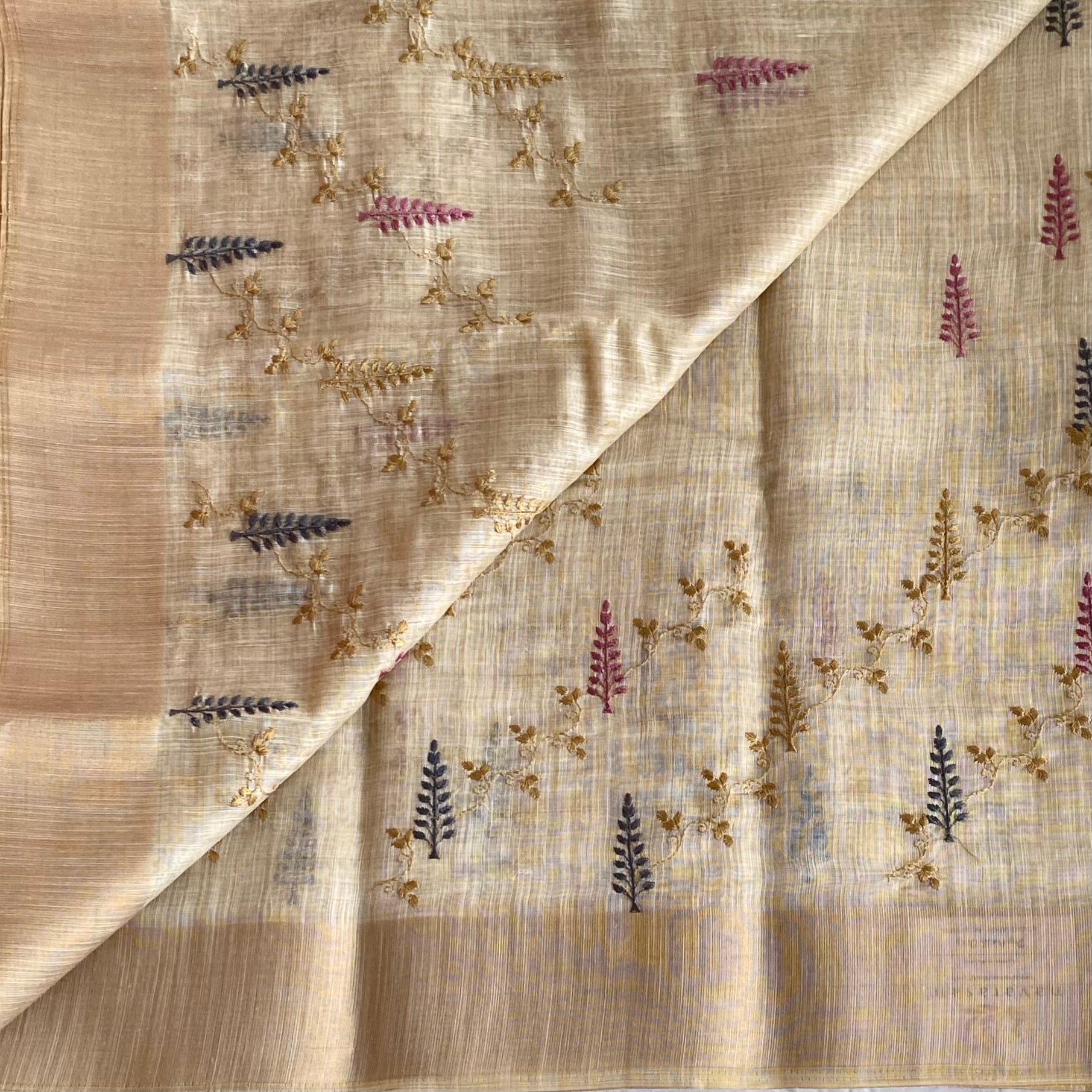 Light Beige Embroidered Saree Gold Sprigs Navy Pink Motifs Tassel
