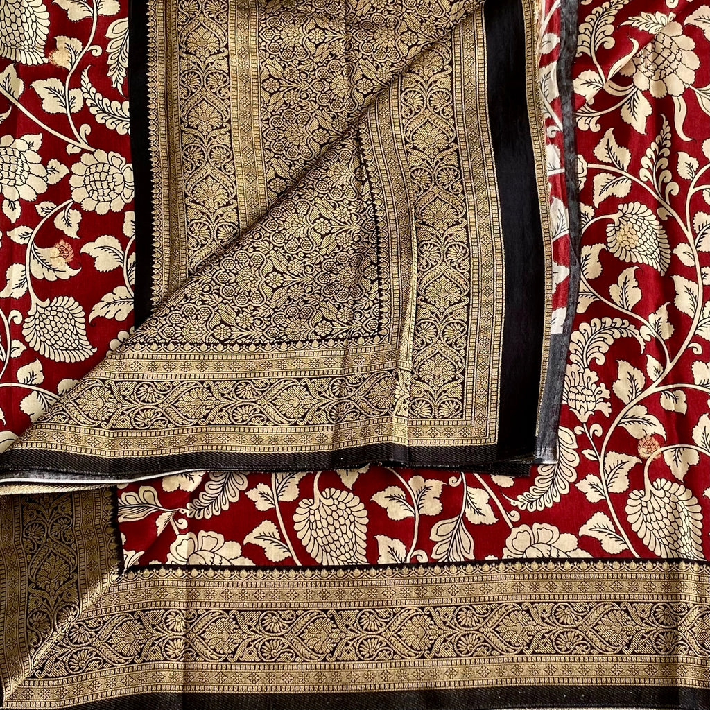 Maroon with Wine Black Kalamkari Designer Soft Tussar Silk