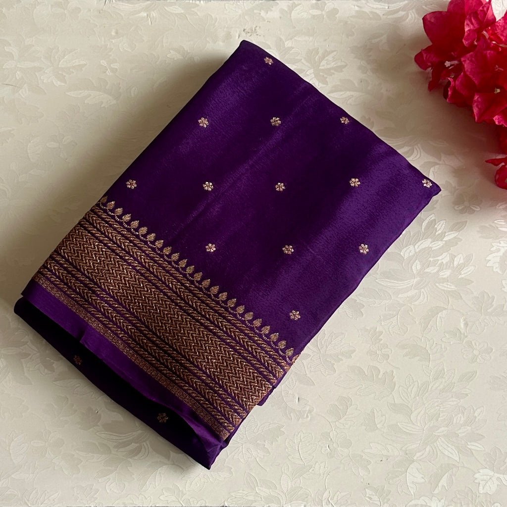 Royal Purple Banarasi Crepe Silk Saree With Antique Gold Pallu
