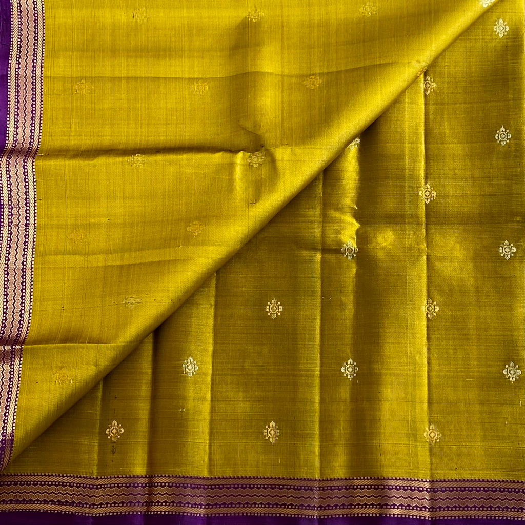 Olive Green Designer Pure Silk Saree With Royal Purple Pallu