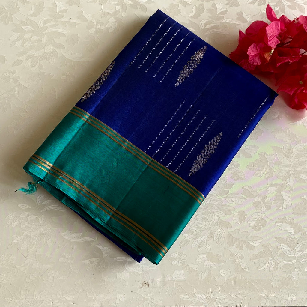 Royal Blue Designer Pure Silk Saree With Teal Green Pallu