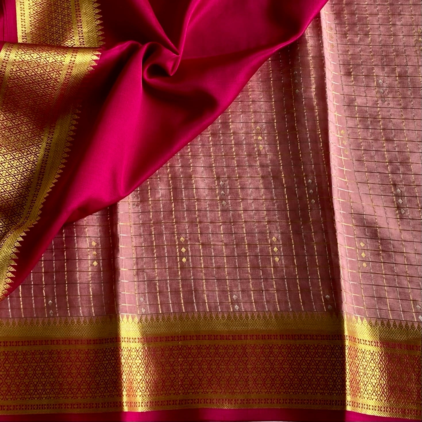 Blush Pink Mysore Crepe Silk Saree With Rani Pink Pallu