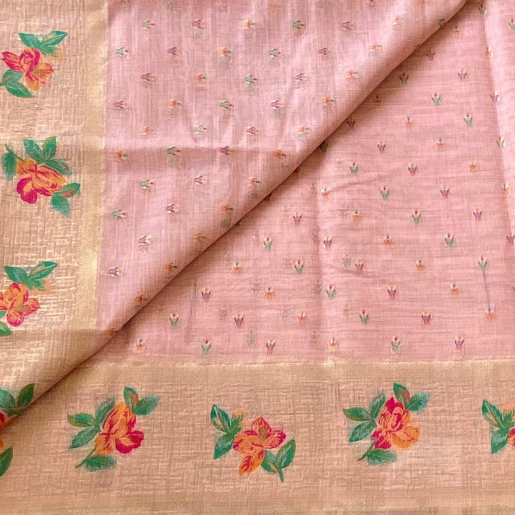 Peach Pink Floral Saree With Gold Brocade Border Tassel Pallu