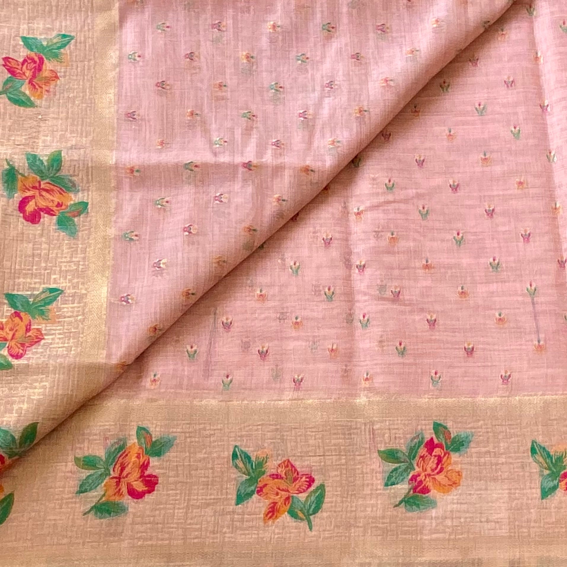 Peach Pink Floral Saree With Gold Brocade Border Tassel Pallu