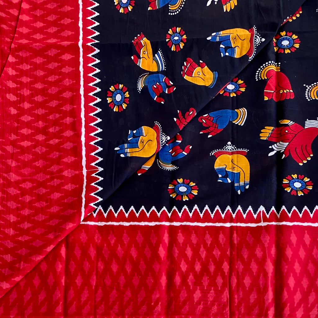 Scarlet Ikat Saree Black Pallu Elephant Motifs White Zigzag Border