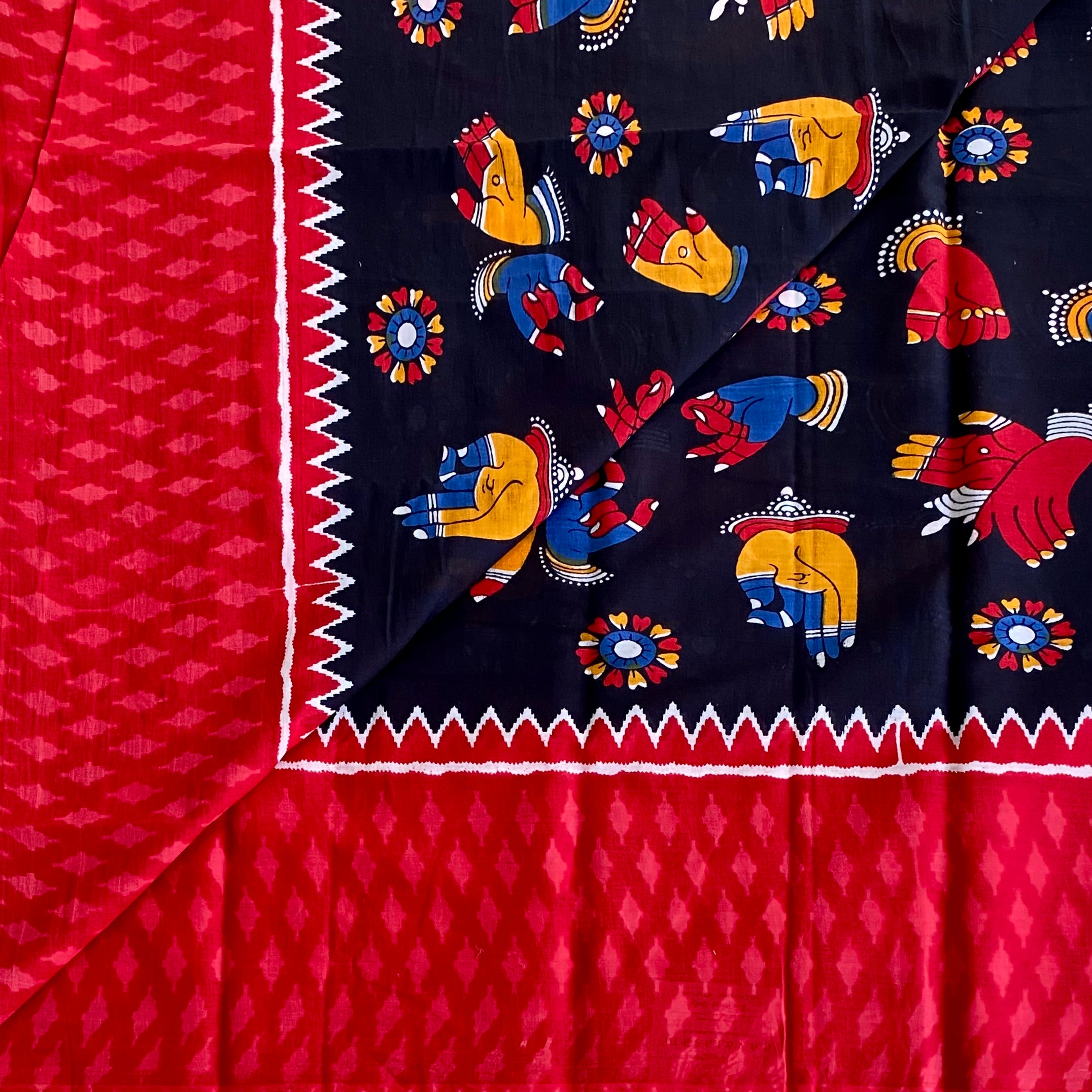 Scarlet Ikat Saree Black Pallu Elephant Motifs White Zigzag Border
