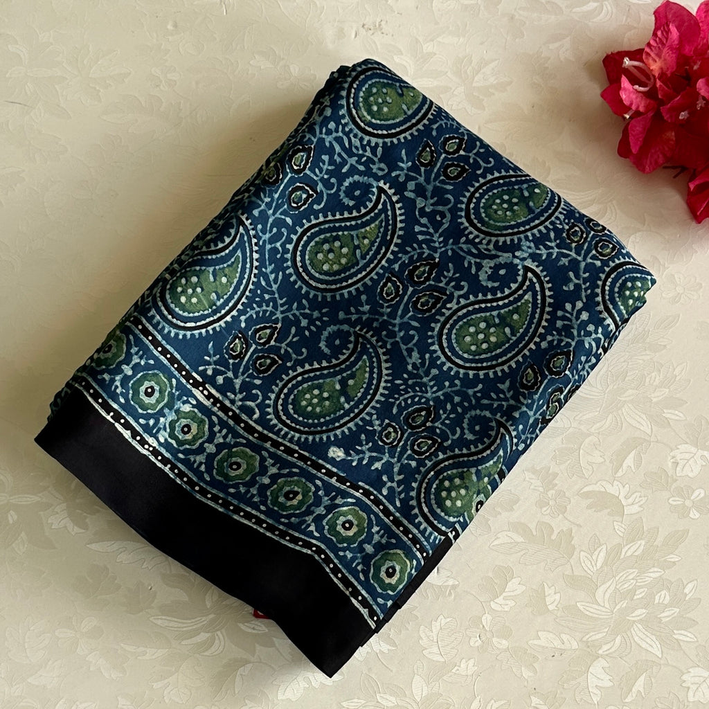Deep Ocean Blue AJRAKH HANDBLOCK PRINTED SILK Saree With Olive Green Pallu