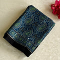 Deep Ocean Blue AJRAKH HANDBLOCK PRINTED SILK Saree With Olive Green Pallu